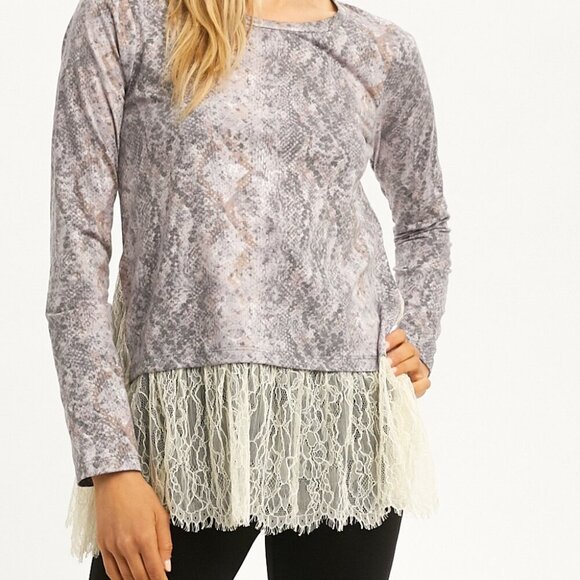 MYSTREE Gray Snakeskin Print Top with Cream Lace Hem Long Sleeve Boutique Blouse - Picture 4 of 8